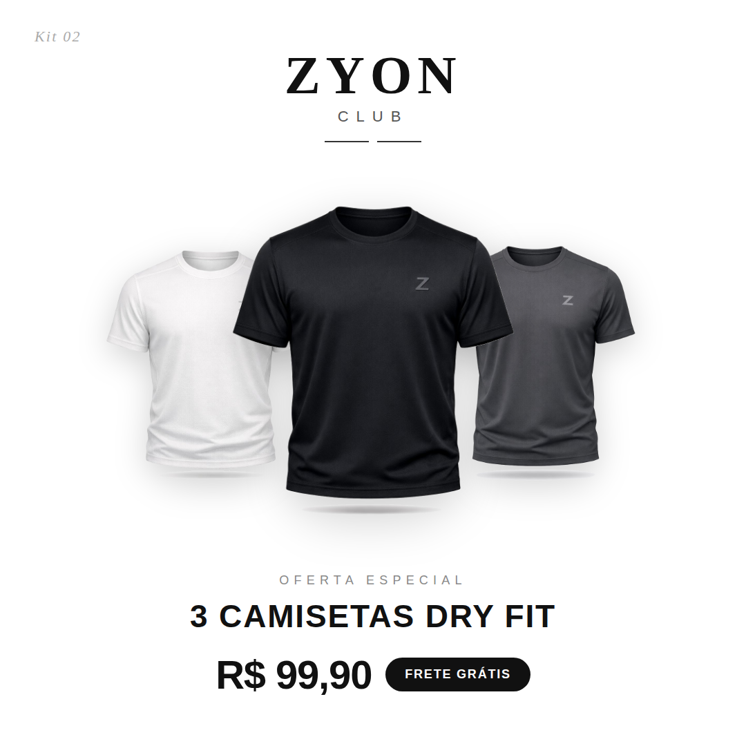 KIT 3 Camisetas Dry-Fit Zyon Club. - Alta tecnologia