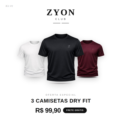 KIT 3 Camisetas Dry-Fit Zyon Club. - Alta tecnologia
