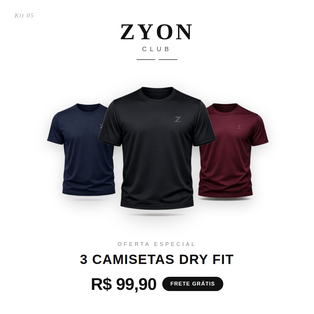 KIT 3 Camisetas Dry-Fit Zyon Club. - Alta tecnologia