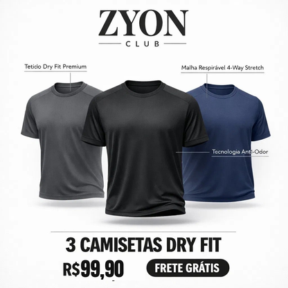 KIT 3 Camisetas Dry-Fit Zyon Club. - Alta tecnologia