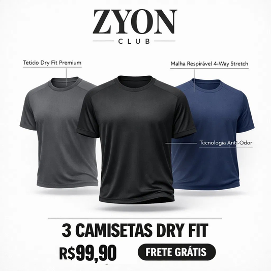 KIT 3 Camisetas Dry-Fit Zyon Club. - Alta tecnologia